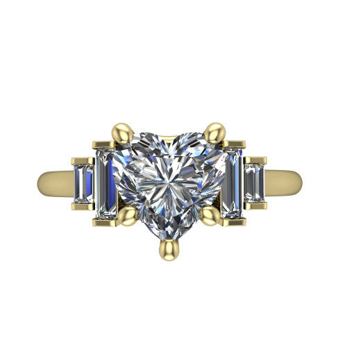 Jolene heart five stone engagement ring in 18K Yellow Gold with bar-set emerald-cut side stones, top-down view of the center and stepped emerald-cut side stones