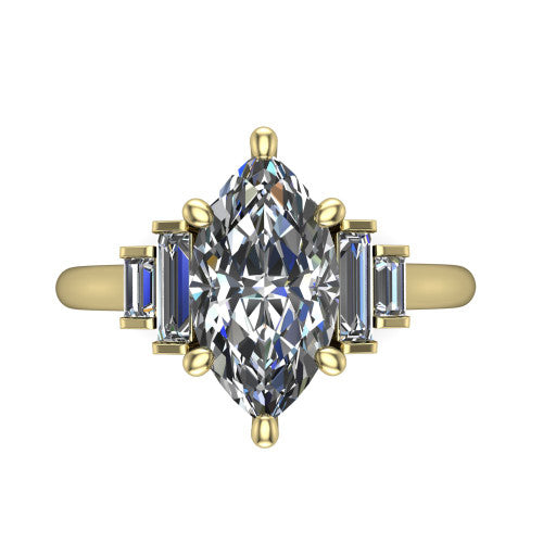 Jolene marquise five stone engagement ring in 14K Yellow Gold with bar-set emerald-cut side stones, top-down view of the center and stepped emerald-cut side stones