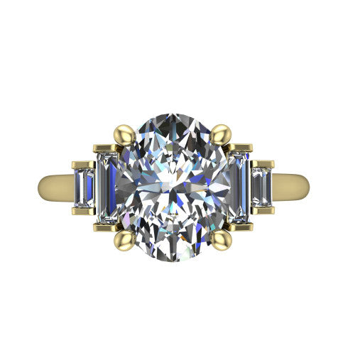 Jolene oval five stone engagement ring in 18K Yellow Gold with bar-set emerald-cut side stones, top-down view of the center and stepped emerald-cut side stones