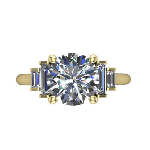 Jolene round five stone engagement ring in 18K Yellow Gold with bar-set emerald-cut side stones, top-down view of the center and stepped emerald-cut side stones