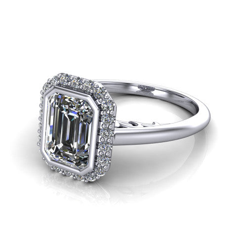 Remi Emerald Shape Halo Engagement Ring in 14K White Gold