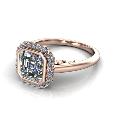 Remi Square Emerald Shape Halo Engagement Ring in 14K Rose Gold