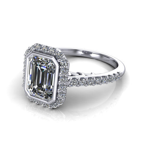 Lucia Emerald Shape Halo Engagement Ring in Platinum