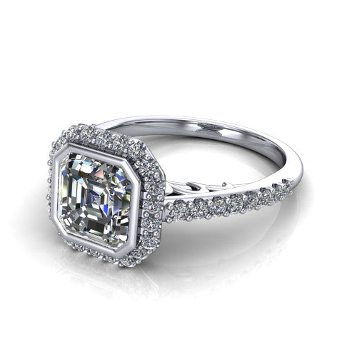Lucia Square Emerald Shape Halo Engagement Ring in Platinum