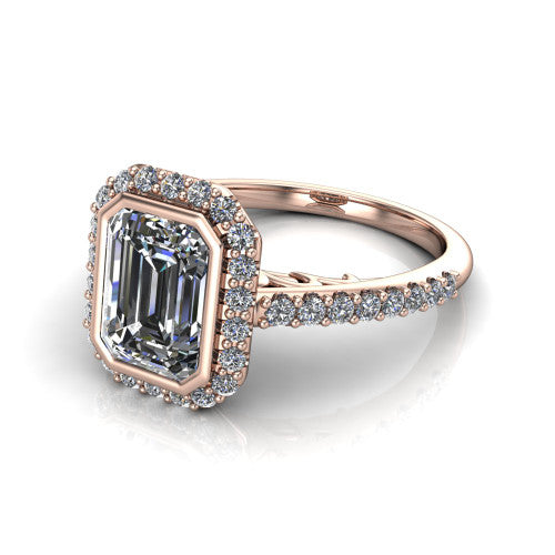 Lucia Emerald Shape Halo Engagement Ring in 18K Rose Gold