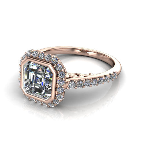 Lucia Square Emerald Shape Halo Engagement Ring in 18K Rose Gold
