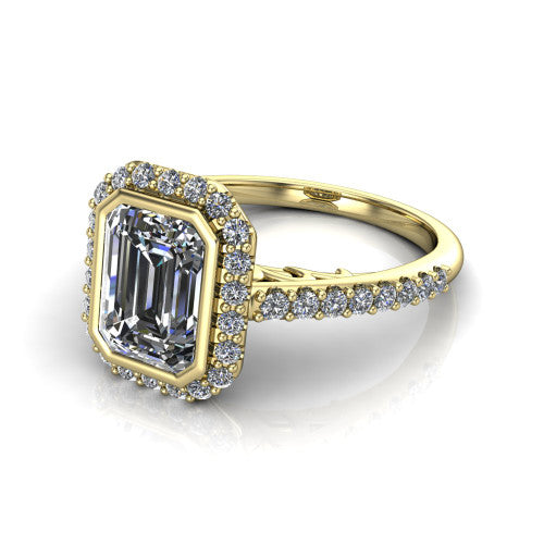 Lucia Emerald Shape Halo Engagement Ring in 14K Yellow Gold