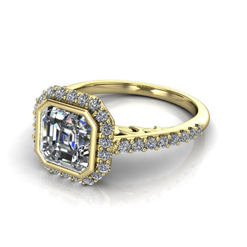 Lucia Square Emerald Shape Halo Engagement Ring in 18K Yellow Gold