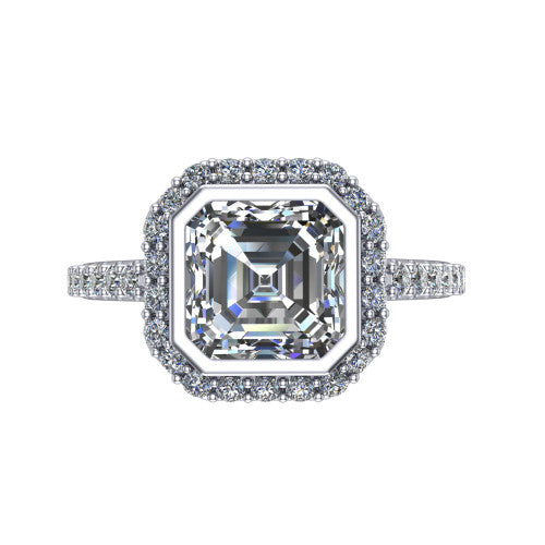 Lucia Square Emerald Shape Halo Engagement Ring in Platinum