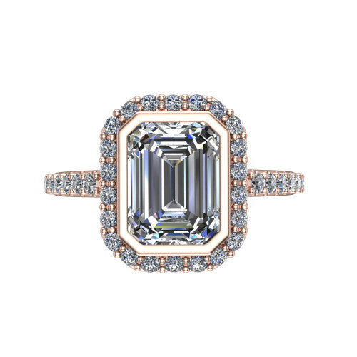 Lucia Emerald Shape Halo Engagement Ring in 14K Rose Gold