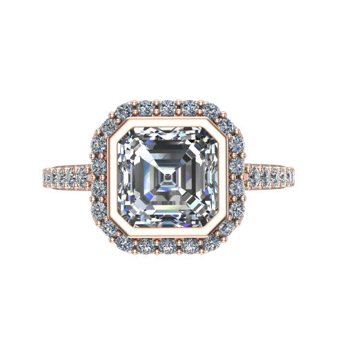 Lucia Square Emerald Shape Halo Engagement Ring in 18K Rose Gold