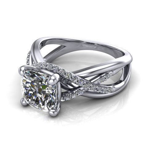 Charlie cushion woven pavé engagement ring in 14K White Gold with split shank and hidden halo, three-quarter perspective view