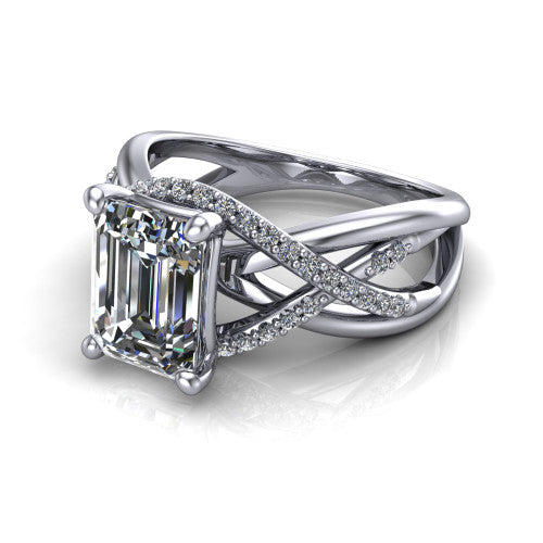 Charlie emerald woven pavé engagement ring in Platinum with split shank and hidden halo, three-quarter perspective view