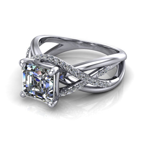 Charlie asscher woven pavé engagement ring in 14K White Gold with split shank and hidden halo, three-quarter perspective view