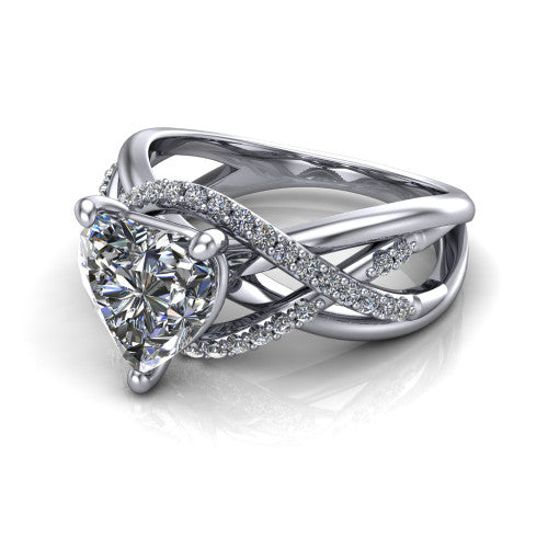 Charlie heart woven pavé engagement ring in 18K White Gold with split shank and hidden halo, three-quarter perspective view
