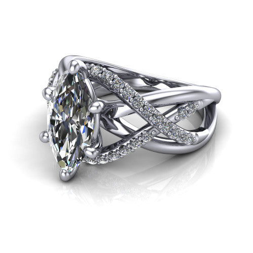 Charlie marquise woven pavé engagement ring in 14K White Gold with split shank and hidden halo, three-quarter perspective view