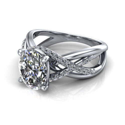 Charlie oval woven pavé engagement ring in 14K White Gold with split shank and hidden halo, three-quarter perspective view