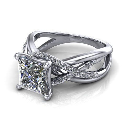 Charlie princess woven pavé engagement ring in 18K White Gold with split shank and hidden halo, three-quarter perspective view