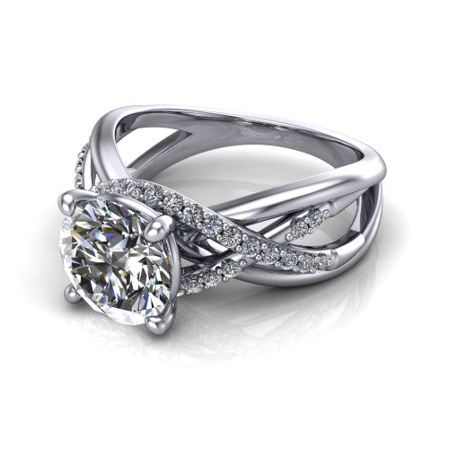 Charlie round woven pavé engagement ring in 14K White Gold with split shank and hidden halo, three-quarter perspective view