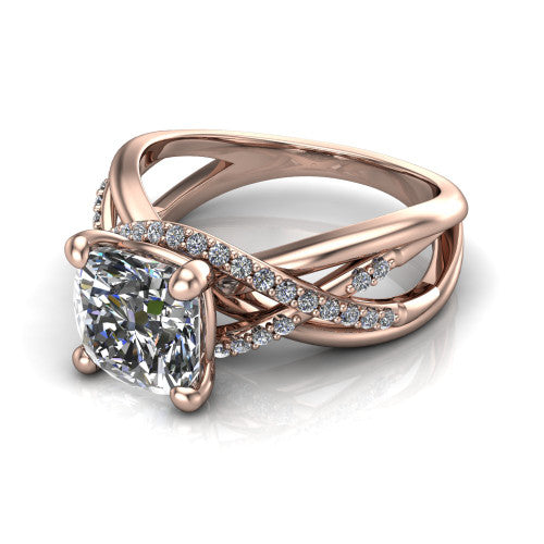 Charlie cushion woven pavé engagement ring in 14K Rose Gold with split shank and hidden halo, three-quarter perspective view