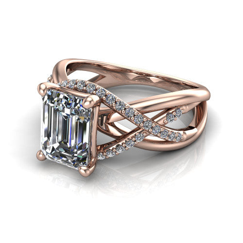 Charlie emerald woven pavé engagement ring in 14K Rose Gold with split shank and hidden halo, three-quarter perspective view