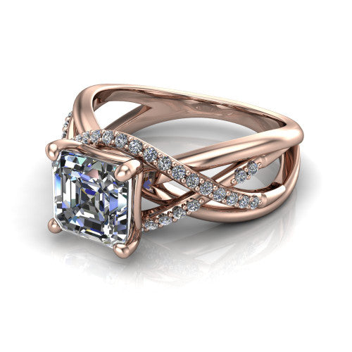 Charlie asscher woven pavé engagement ring in 14K Rose Gold with split shank and hidden halo, three-quarter perspective view