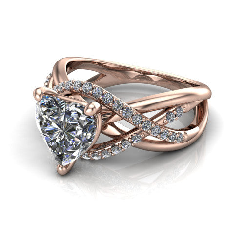 Charlie heart woven pavé engagement ring in 14K Rose Gold with split shank and hidden halo, three-quarter perspective view