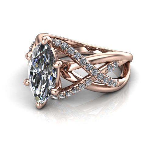 Charlie marquise woven pavé engagement ring in 14K Rose Gold with split shank and hidden halo, three-quarter perspective view