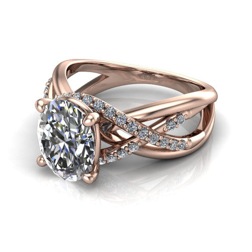 Charlie oval woven pavé engagement ring in 14K Rose Gold with split shank and hidden halo, three-quarter perspective view