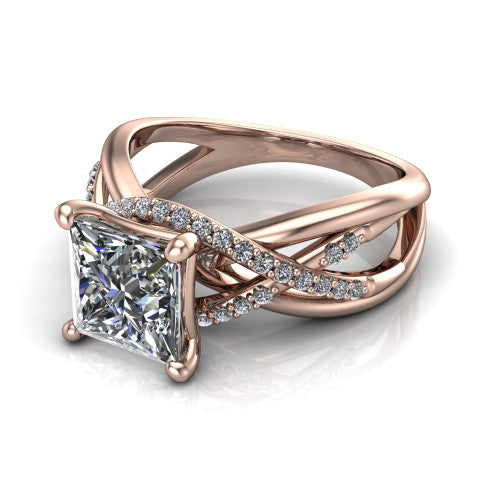 Charlie princess woven pavé engagement ring in 14K Rose Gold with split shank and hidden halo, three-quarter perspective view