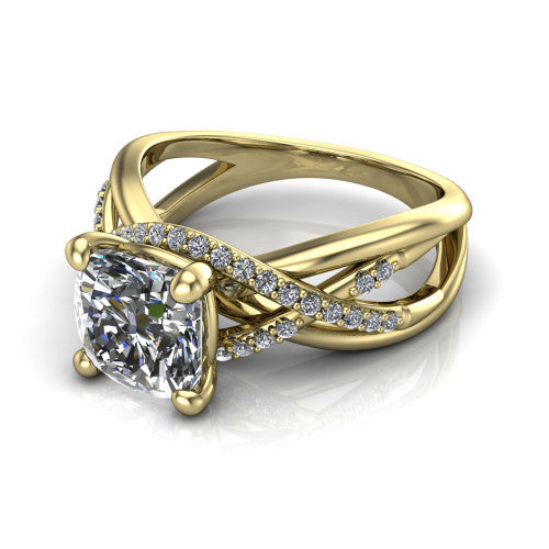 Charlie cushion woven pavé engagement ring in 14K Yellow Gold with split shank and hidden halo, three-quarter perspective view