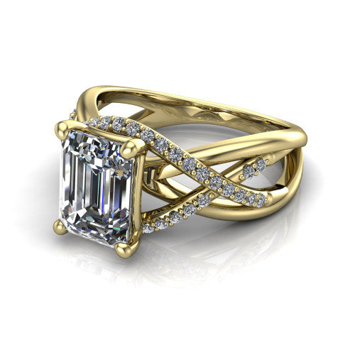 Charlie emerald woven pavé engagement ring in 14K Yellow Gold with split shank and hidden halo, three-quarter perspective view