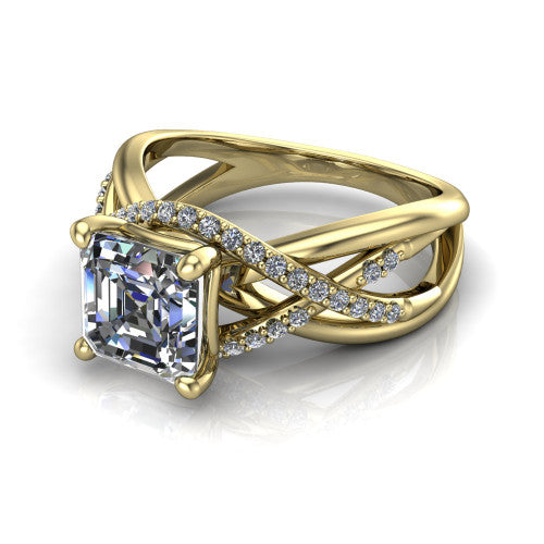 Charlie asscher woven pavé engagement ring in 14K Yellow Gold with split shank and hidden halo, three-quarter perspective view