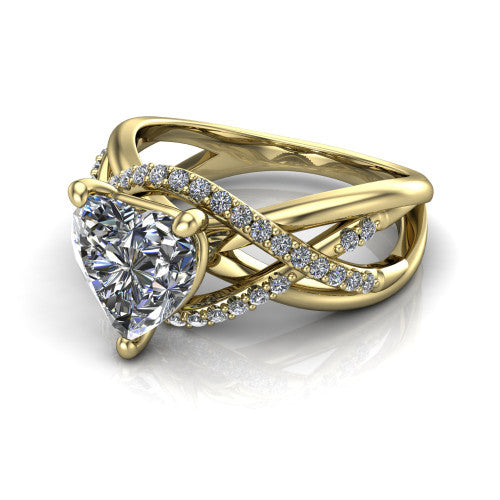 Charlie heart woven pavé engagement ring in 14K Yellow Gold with split shank and hidden halo, three-quarter perspective view