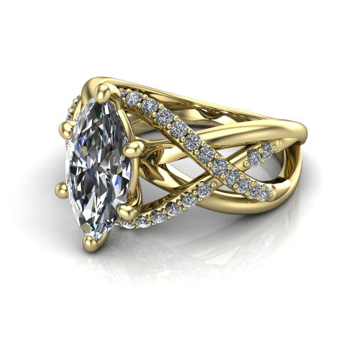 Charlie marquise woven pavé engagement ring in 14K Yellow Gold with split shank and hidden halo, three-quarter perspective view