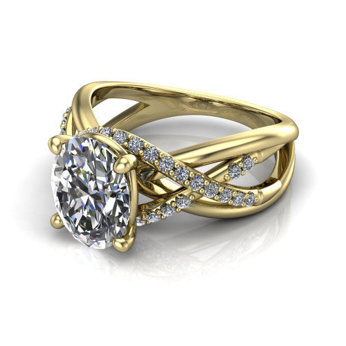 Charlie oval woven pavé engagement ring in 18K Yellow Gold with split shank and hidden halo, three-quarter perspective view