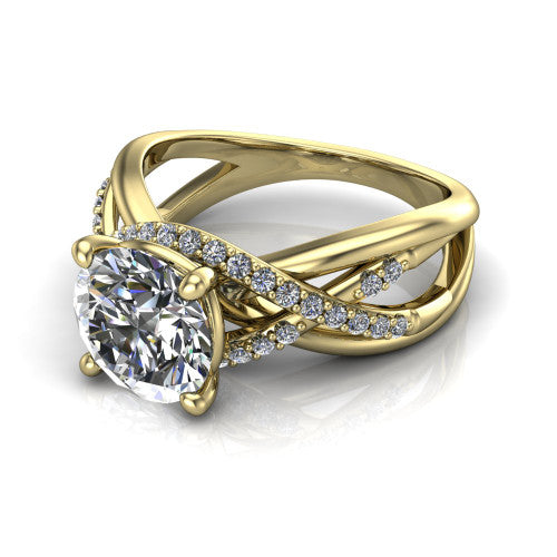 Charlie round woven pavé engagement ring in 14K Yellow Gold with split shank and hidden halo, three-quarter perspective view