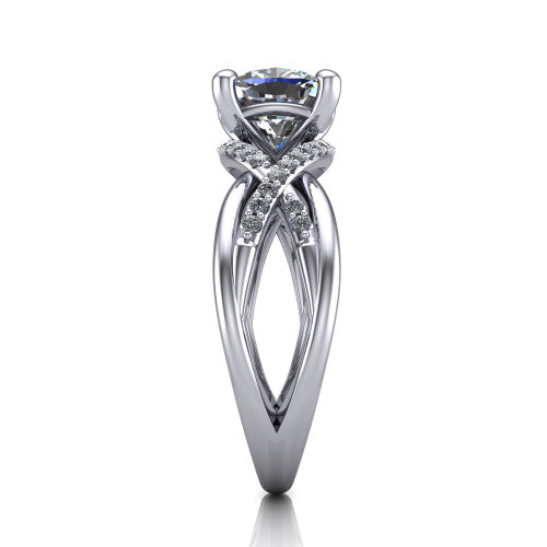Charlie cushion woven pavé engagement ring in Platinum with split shank and hidden halo, side profile showing the woven split shank and hidden halo
