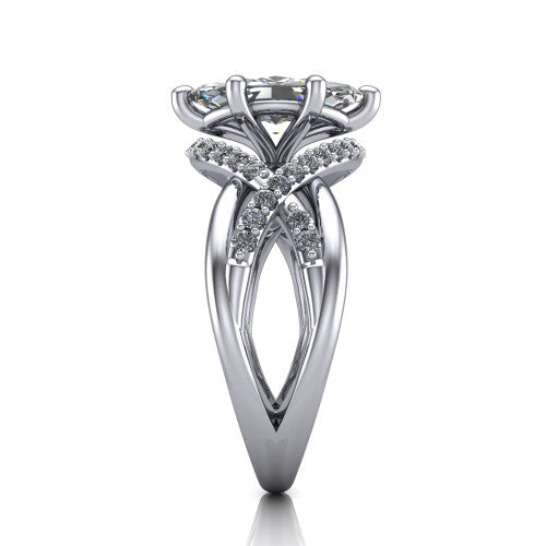 Charlie marquise woven pavé engagement ring in 18K White Gold with split shank and hidden halo, side profile showing the woven split shank and hidden halo