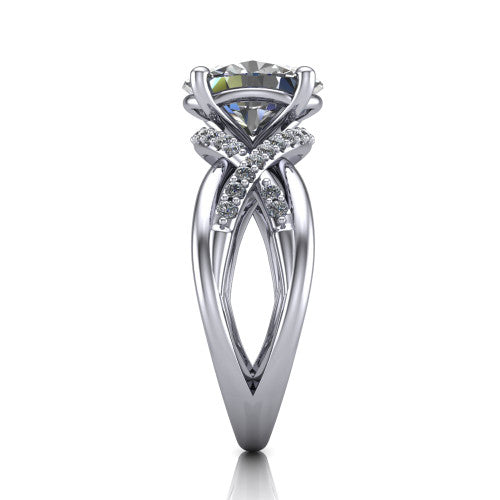 Charlie oval woven pavé engagement ring in Platinum with split shank and hidden halo, side profile showing the woven split shank and hidden halo