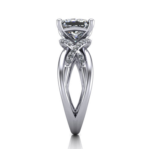 Charlie princess woven pavé engagement ring in Platinum with split shank and hidden halo, side profile showing the woven split shank and hidden halo