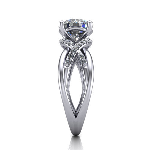 Charlie round woven pavé engagement ring in Platinum with split shank and hidden halo, side profile showing the woven split shank and hidden halo
