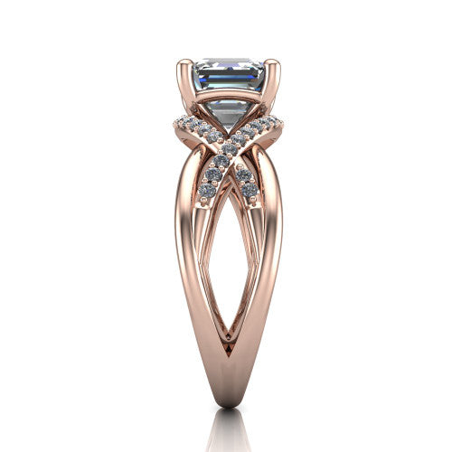 Charlie asscher woven pavé engagement ring in 14K Rose Gold with split shank and hidden halo, side profile showing the woven split shank and hidden halo