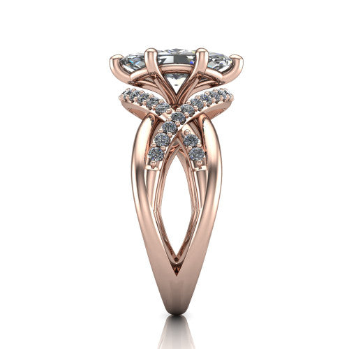 Charlie marquise woven pavé engagement ring in 18K Rose Gold with split shank and hidden halo, side profile showing the woven split shank and hidden halo