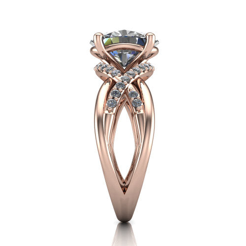 Charlie oval woven pavé engagement ring in 14K Rose Gold with split shank and hidden halo, side profile showing the woven split shank and hidden halo