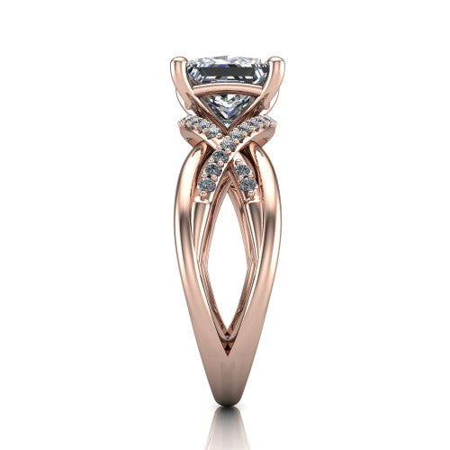 Charlie princess woven pavé engagement ring in 14K Rose Gold with split shank and hidden halo, side profile showing the woven split shank and hidden halo