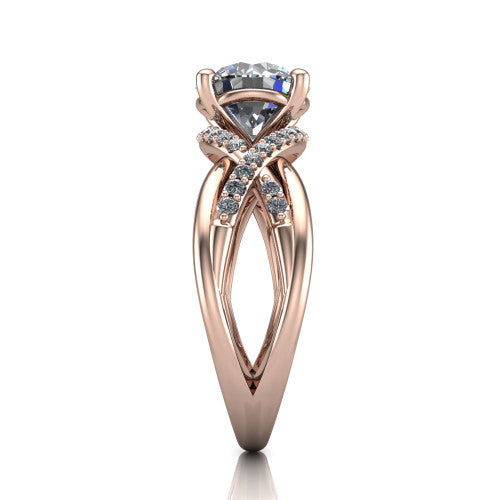 Charlie round woven pavé engagement ring in 18K Rose Gold with split shank and hidden halo, side profile showing the woven split shank and hidden halo