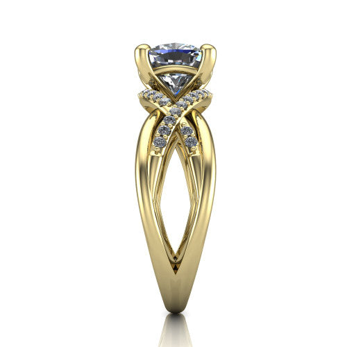 Charlie cushion woven pavé engagement ring in 18K Yellow Gold with split shank and hidden halo, side profile showing the woven split shank and hidden halo