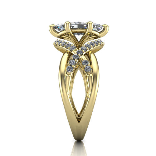 Charlie marquise woven pavé engagement ring in 18K Yellow Gold with split shank and hidden halo, side profile showing the woven split shank and hidden halo