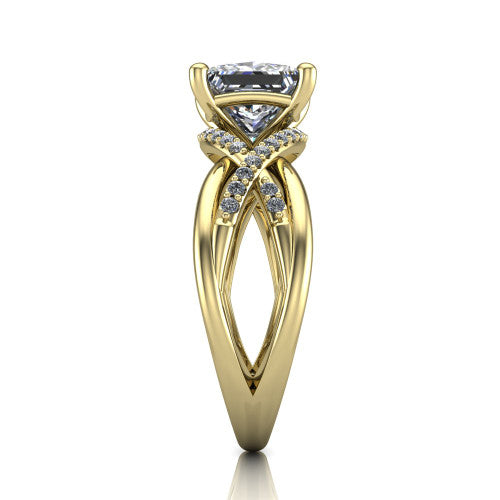 Charlie princess woven pavé engagement ring in 14K Yellow Gold with split shank and hidden halo, side profile showing the woven split shank and hidden halo